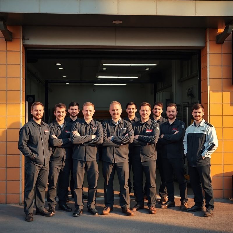 Equipo de técnicos de Moderno Grupo delante del taller en Málaga